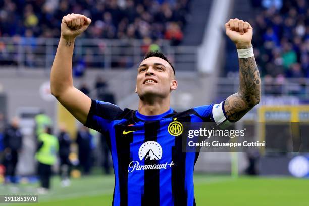 Lautaro Martinez of FC Internazionale celebrates after scoring the opening goal during the Serie A TIM match between FC Internazionale and Hellas...