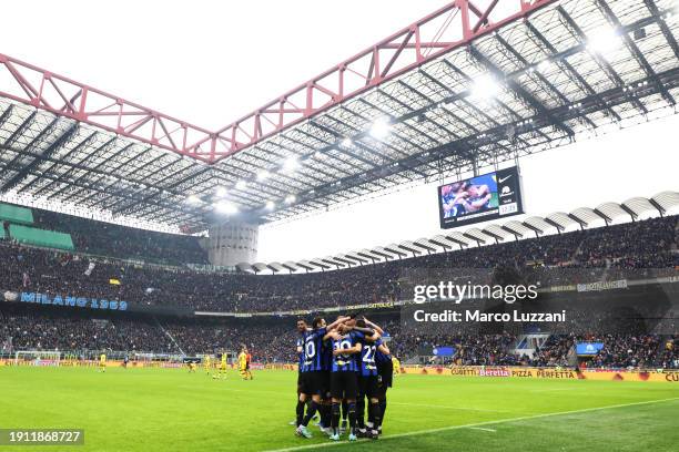 Lautaro Martinez of FC Internazionale celebrates with teammates after scoring his team's first goal during the Serie A TIM match between FC...