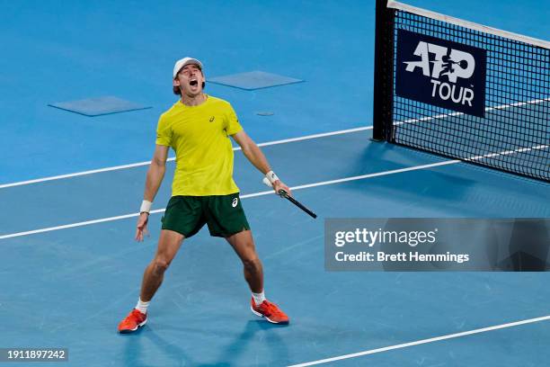 Alex De Minaur of Australia celebrates victory in the semi-final match against Alexander Zverev of Germany during the 2024 United Cup at Ken Rosewall...