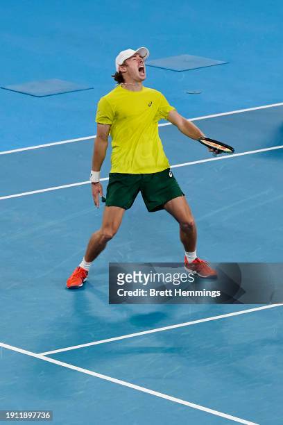 Alex De Minaur of Australia celebrates victory in the semi-final match against Alexander Zverev of Germany during the 2024 United Cup at Ken Rosewall...