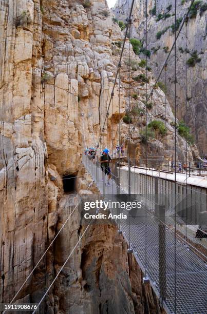 Spain, Andalusia, Province of Malaga, Ardales: site of the Caminito del Rey , hike on a footbridge built along a steep wall of the Desfiladero de los...