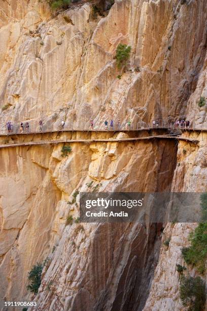 Spain, Andalusia, Province of Malaga, Ardales: site of the Caminito del Rey , hike on a footbridge built along a steep wall of the Desfiladero de los...