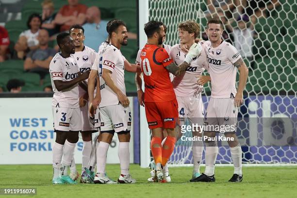 Eli Adams of the Victory celebrates a goal during the A-League Men round 11 match between Perth Glory and Melbourne Victory at HBF Park, on January...