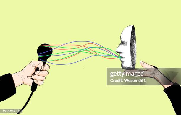 mask talking to microphone against yellow background - fake news stock-grafiken, -clipart, -cartoons und -symbole