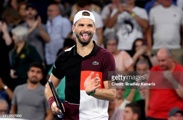 Grigor Dimitrov of Bulgaria celebrates victory after his semi final match against Jordan Thompson of Australia during day seven of the 2024 Brisbane...
