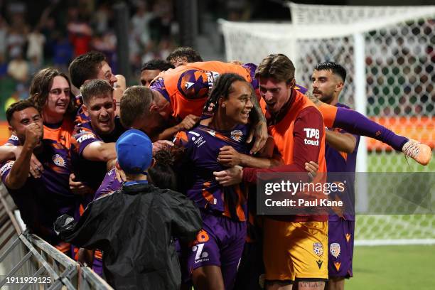 Kaelan Majekodunmi of the Glory celebrates a goal during the A-League Men round 11 match between Perth Glory and Melbourne Victory at HBF Park, on...