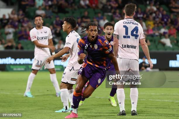 Kaelan Majekodunmi of the Glory celebrates a goal during the A-League Men round 11 match between Perth Glory and Melbourne Victory at HBF Park, on...
