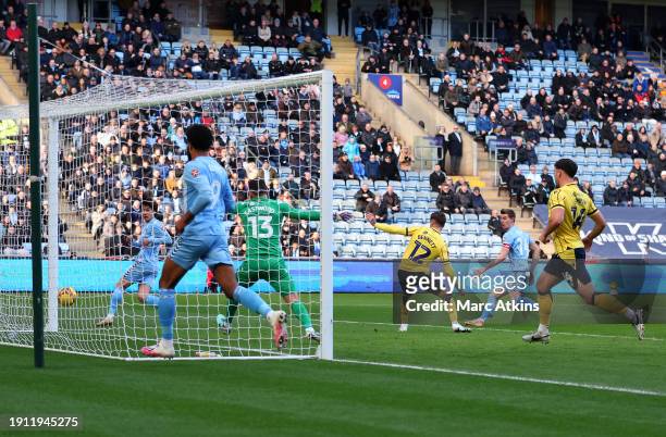Ben Sheaf of Coventry City scores his team's second goal during the Emirates FA Cup Third Round match between Coventry City and Oxford United at The...