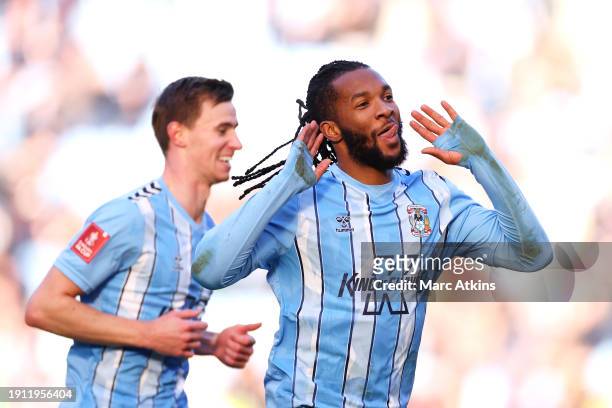 Kasey Palmer of Coventry City celebrates scoring his team's third goal during the Emirates FA Cup Third Round match between Coventry City and Oxford...