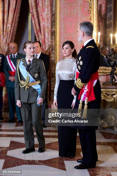 King Felipe VI of Spain , Queen Letizia of Spain and Crown Princess Leonor of Spain attend the Pascua Militar ceremony at the Royal Palace on January...