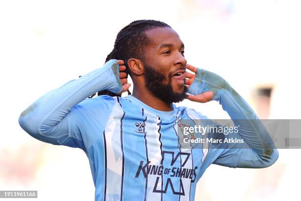 Kasey Palmer of Coventry City celebrates scoring his team's third goal during the Emirates FA Cup Third Round match between Coventry City and Oxford...