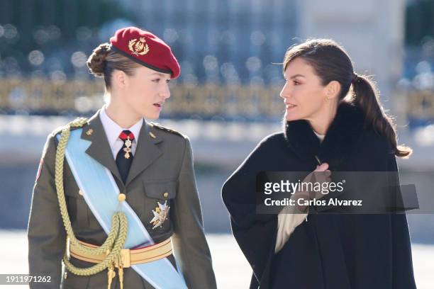 Queen Letizia of Spain and Crown Princess Leonor of Spain attend the Pascua Militar ceremony at the Royal Palace on January 06, 2024 in Madrid, Spain.