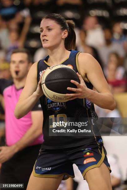 Gemma Potter of the UC Capitals handles the ball during the WNBL match between Southside Flyers and UC Capitals at State Basketball Centre, on...