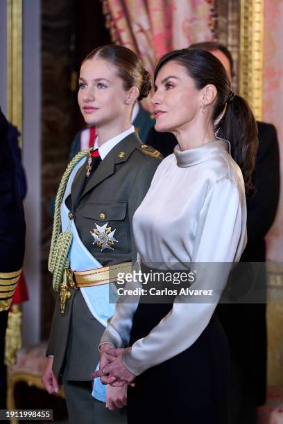 Queen Letizia of Spain , Crown Princess Leonor of Spain and Prime Minister Pedro Sanchez attend the Pascua Militar ceremony at the Royal Palace on...