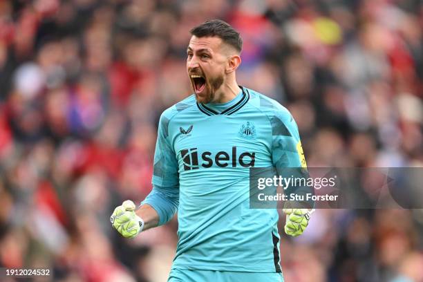 Martin Dubravka of Newcastle United celebrates as Joelinton of Newcastle United scores his team's first goal during the Emirates FA Cup Third Round...