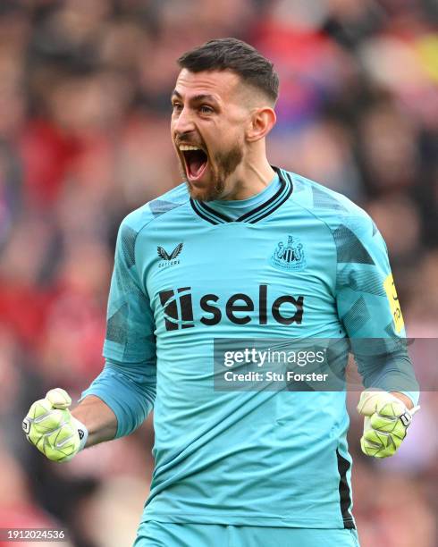 Martin Dubravka of Newcastle United celebrates as Joelinton of Newcastle United scores his team's first goal during the Emirates FA Cup Third Round...