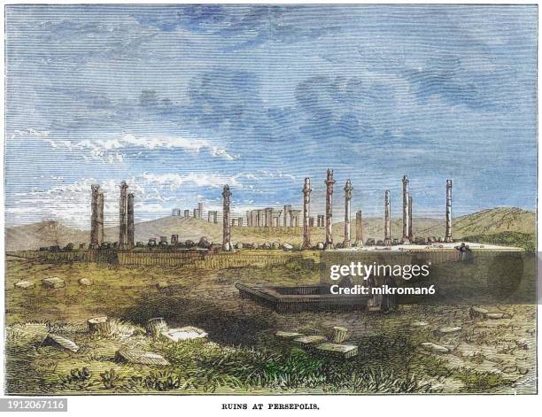 old engraved illustration of the ruins of persepolis - persepolis stock pictures, royalty-free photos & images