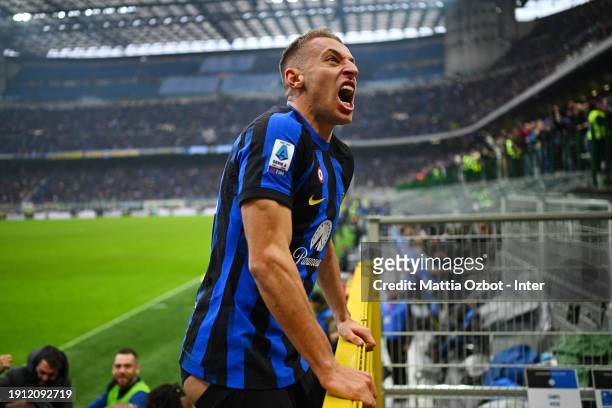 Davide Frattesi of FC Internazionale celebrates after scoring their team's second goal during the Serie A TIM match between FC Internazionale and...
