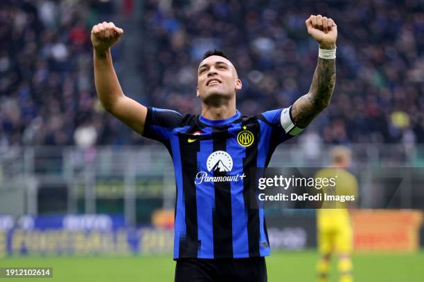 Lautaro Martinez of FC Internazionale celebrates after scoring his team's first goal during the Serie A TIM match between FC Internazionale and...