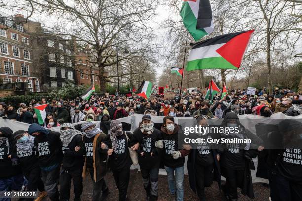 Protesters march out of St James’ Park towards Parliament as over a thousand people attend the Palestine protest called by Sisters Uncut and others...