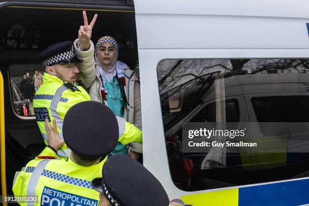 Police arrest a protestor at St James Park as over a thousand people attend the Palestine protest called by Sisters Uncut and others on January 6,...