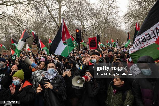 Protesters march out of St James’ Park towards Parliament as over a thousand people attend the Palestine protest called by Sisters Uncut and others...
