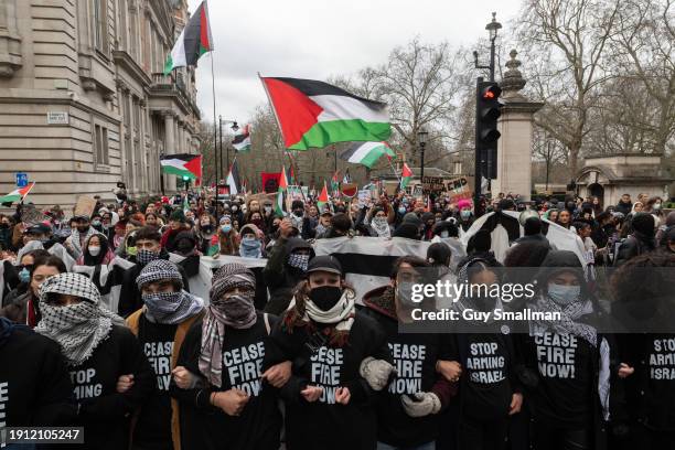 Protesters march out of St James’ Park towards Parliament as over a thousand people attend the Palestine protest called by Sisters Uncut and others...