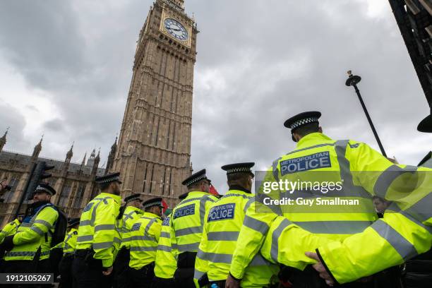Police cordon protestors at Parliament as over a thousand people attend the Palestine protest called by Sisters Uncut and others on January 6, 2024...