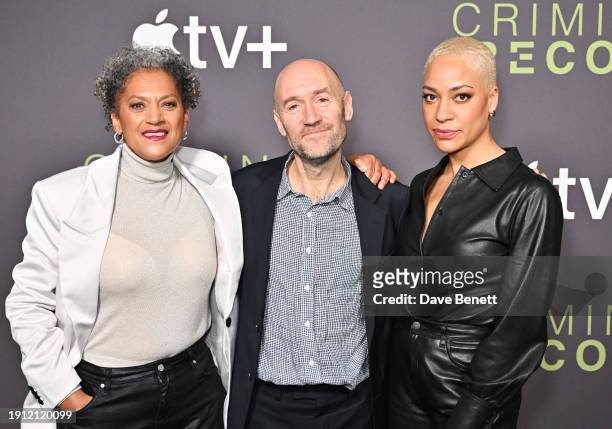 Cathy Tyson, Paul Rutman and Cush Jumbo attend a Special Screening and Q&A for Apple TV+ series "Criminal Records" at The Ham Yard Hotel on January...
