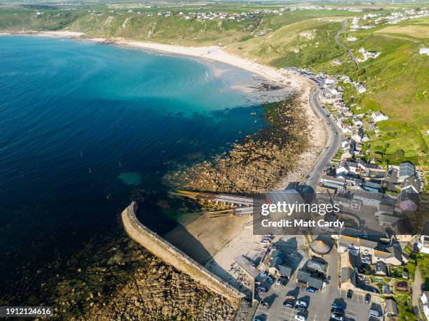 The harbour at Sennen Cove is seen from the air on May 30, 2023 in Cornwall, England. The county of Cornwall, in the south west of England, remains...