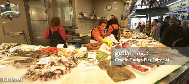 Fish Stall In La Boqueria Food Market, Barcelona.