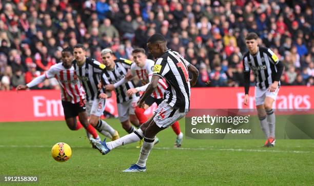 Newcastle player Alexander Isak scores the third goal from the penalty spot during the Emirates FA Cup Third Round match between Sunderland and...