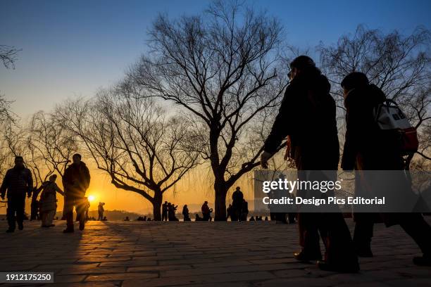 Silhouettes of trees and tourists at sunset, The Summer Palace. Beijing, China.