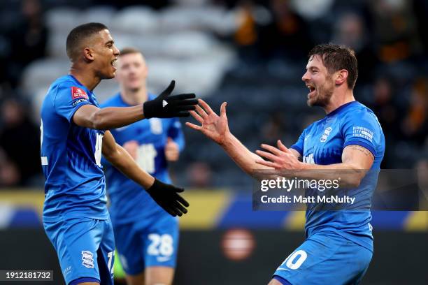 Lukas Jutkiewicz of Birmingham City celebrates with Cody Drameh of Birmingham City after scoring his team's first goal during the Emirates FA Cup...