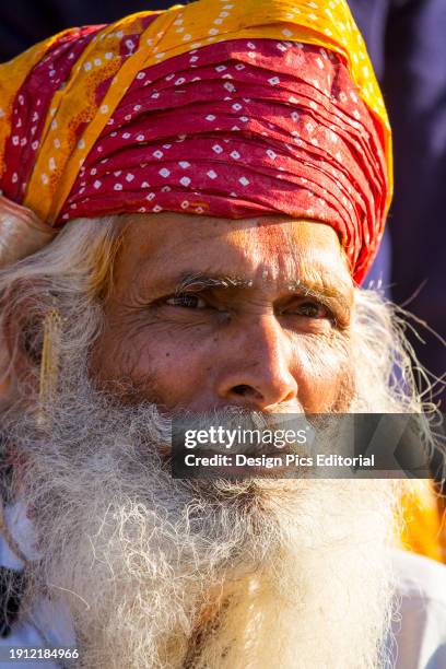 Man in turban with white beard and moustache in Dikhola Village in rural Rajasthan. Dikhola, Rajasthan, India.