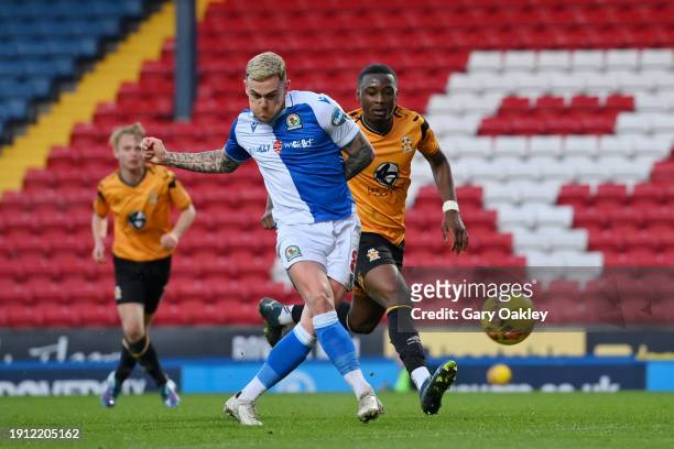 Sammie Szmodics of Blackburn Rovers scores his team's third goal to complete his hat-trick during the Emirates FA Cup Third Round match between...