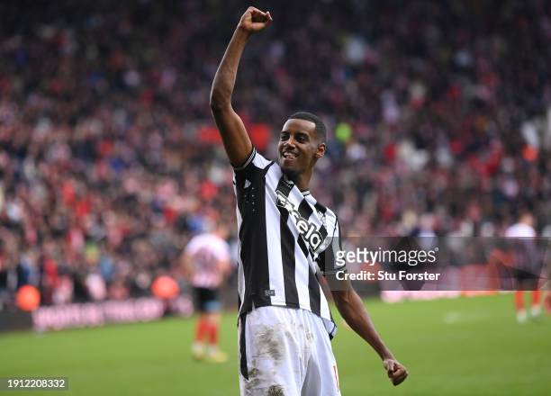 Newcastle player Alexander Isak celebrates after scoring the third goal from the penalty spot during the Emirates FA Cup Third Round match between...