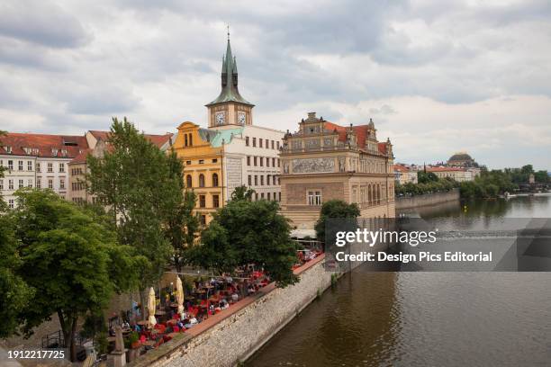 View of Old Town Prague and the Vltava River from The Charles Bridge. Old Town, Prague, Czech Republic.