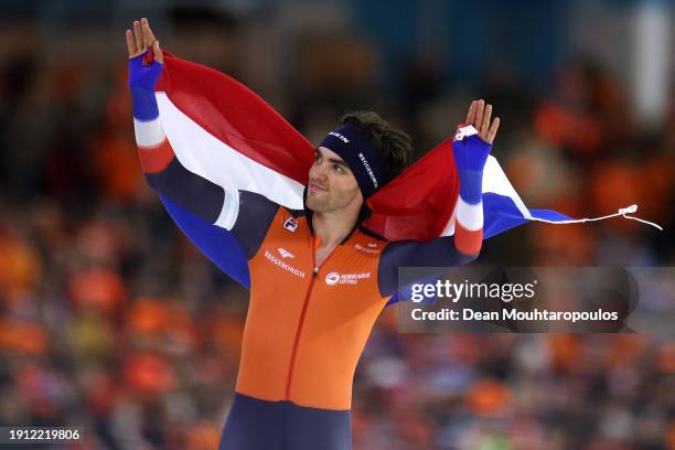 Patrick Roest of Netherlands celebrates victory and winning the gold medal after he competes in the 5000m Men race during the ISU European Speed...