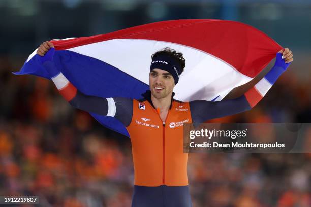 Patrick Roest of Netherlands celebrates victory and winning the gold medal after he competes in the 5000m Men race during the ISU European Speed...