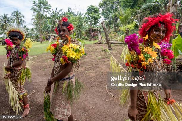 Village girls in tapa bark cloth dresses preparing to perform traditional sing sing Melanesian tribal dance in Natade Village in the Tufi Fjords of...