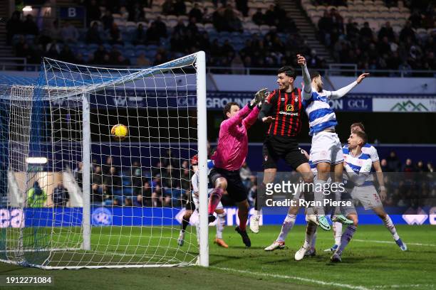 Kieffer Moore of AFC Bournemouth scores his team's second goal during the Emirates FA Cup Third Round match between Queens Park Rangers and AFC...