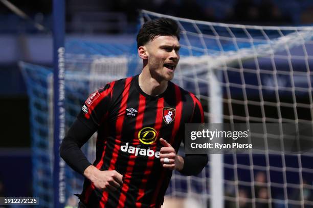 Kieffer Moore of AFC Bournemouth celebrates scoring his team's second goal during the Emirates FA Cup Third Round match between Queens Park Rangers...