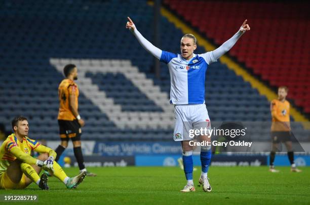 Arnor Sigurdsson of Blackburn Rovers celebrates scoring his team's fourth goal during the Emirates FA Cup Third Round match between Blackburn Rovers...