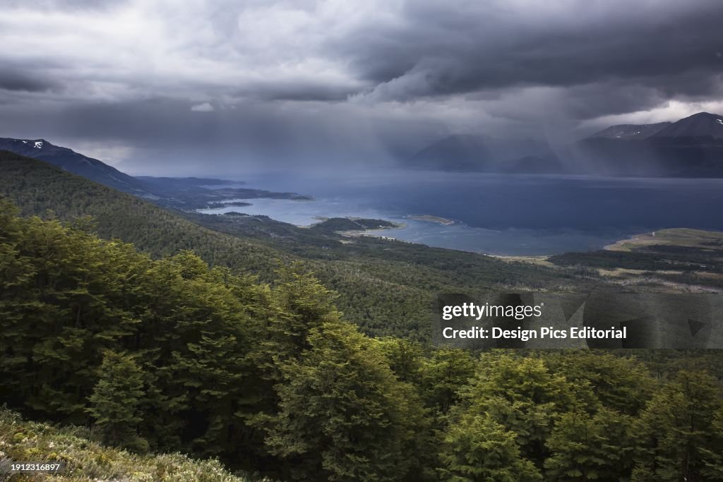 View From Cerro Bandera Above Puerto Williams On Navarino Island, Chile, Across Beagle Channel Toward Ushuaia; Magallanes Region, Argentina
