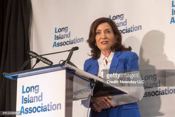 New York State Governor Kathy Hochul speaks at a Long Island Association event on January 5, 2024 in Woodbury, New York.