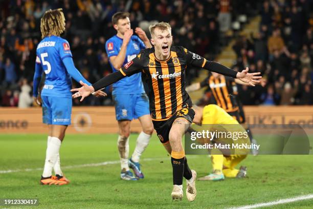 Matty Jacob of Hull City celebrates scoring his team's first goal during the Emirates FA Cup Third Round match between Hull City and Birmingham City...