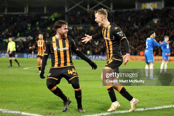 Matty Jacob of Hull City celebrates with Aaron Connolly of Hull City after scoring his team's first goal during the Emirates FA Cup Third Round match...