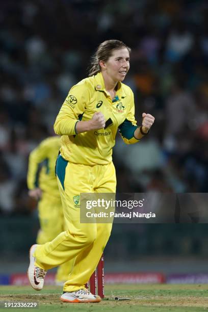 Georgia Wareham of Australia celebrates the wicket of Deepti Sharma of India during the Women's T20I match between India and Australia at DY Patil...