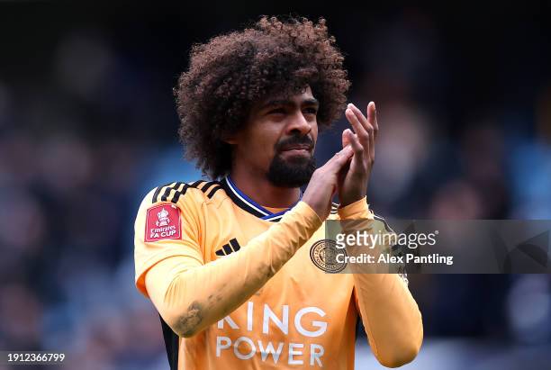 Hamza Choudhury of Leicester City applauds fans following victory during the Emirates FA Cup Third Round match between Millwall and Leicester City at...